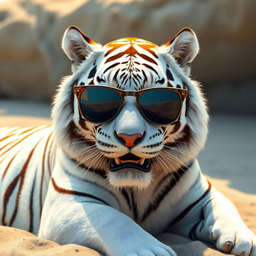 White Tiger Lounging on Sandy Beach with Sunglasses.: White tiger wearing sunglasses. Relaxing by the sea. White tiger wearing sunglasses on the beach. Close-up.Generated by AI