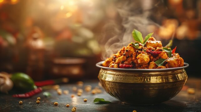 A fiery South Indian chicken curry with red chili oil, tempered mustard seeds on blurred background