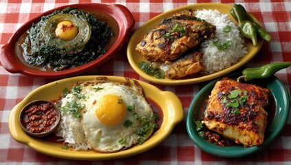 Fototapeta premium Four plates of diverse foods on a checkered tablecloth