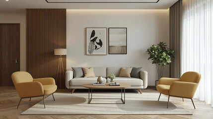Fototapeta premium Modern Interior Design of a Living Room with Yellow Armchairs