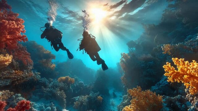 Two divers explore a vibrant coral reef underwater, sunlight piercing through the surface. Colorful coral and marine life abound