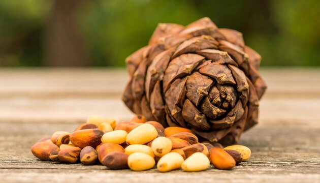Close-up of pine cone and pine nuts on a wooden surface.