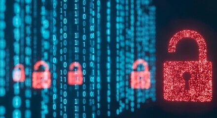 Cybersecurity Data Breach and Digital Security Vulnerability Concept with Unlocked Padlock and Binar