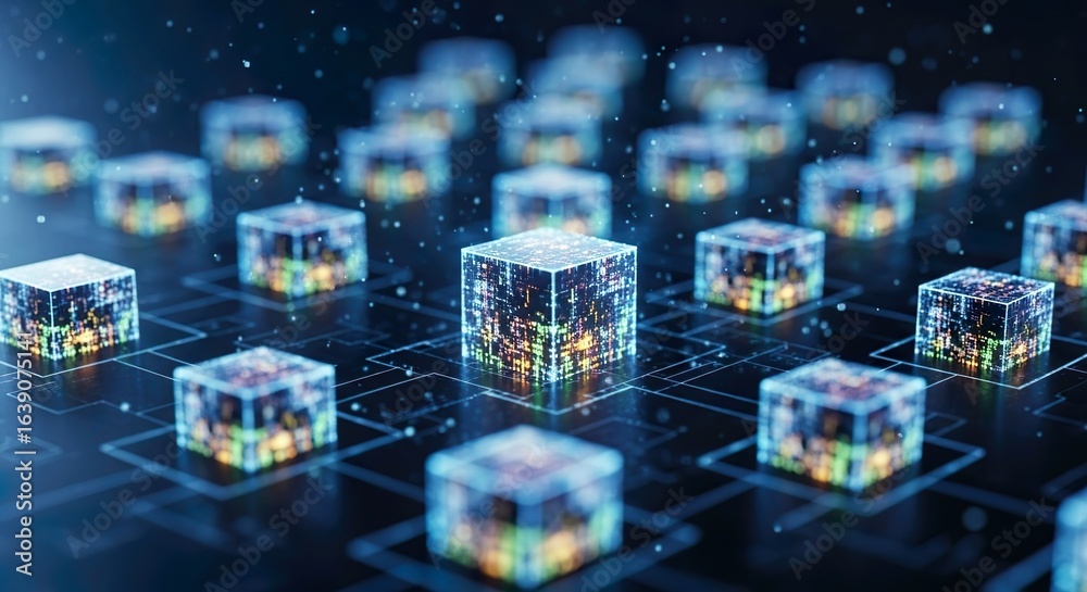 Wall mural blockchain technology network digital data connection futuristic computing background