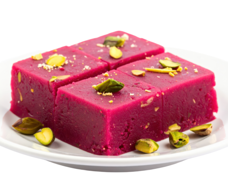 Vibrant pink Indian sweet beetroot halwa cut into four squares and garnished with sliced green pistachios.