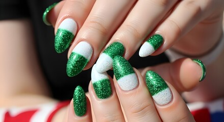 Green and white glitter capsule nail art design