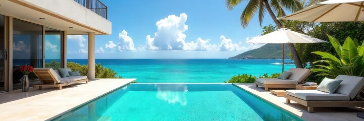 Sun-drenched private villa with infinity pool overlooking a breathtaking ocean vista Perfect for an unforgettable luxury getaway Relax and rejuvenate in paradise , getaway, luxury travel, holiday