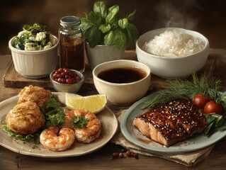 Delicious Meal: Grilled Fish, Shrimp, Rice