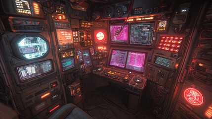 Hyper realistic cyberpunk hacker den filled with glowing screens and intricate technology, showcasing vibrant array of lights and digital interfaces. atmosphere is immersive and futuristic