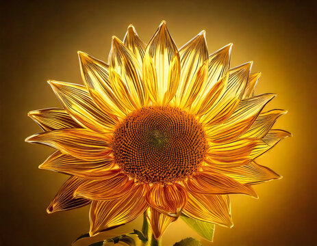 Delicate Glass Sunflower Bloom.: Sunflower, summer flower. Sunflower field. Glass sunflower petals. Close-up. Generated by AI