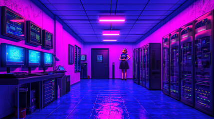 Vibrant, futuristic data center features female engineer standing confidently amidst rows of servers and high tech monitors. room is illuminated with purple and blue lighting, creating dynamic