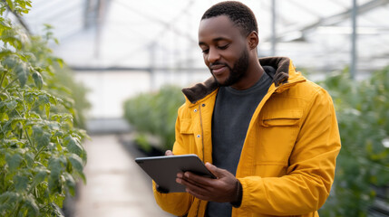 Thinking farmer afro with digital tablet checking sustainable farming growth, progress or preparing farm export order on tech. Serious man, gardener or greenhouse environmental scientist on a rural