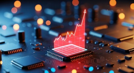 Digital transformation and growth chart emerging from a central processing unit on a circuit board with bokeh lights