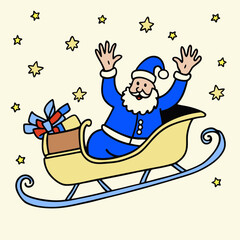 Santa claus in a blue sleigh with gifts surrounded by stars on cream background