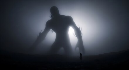 Monstrous Silhouette Emerges from the Mist A Haunting Encounter of Scale and Shadow Depicting Human Versus The Unknown