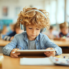 A boy wearing headphones is using a tablet