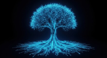 Luminous blue tree with intricate root system glowing against a deep black background
