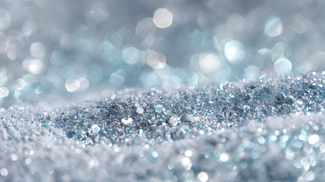 Silver and icy teal christmas glitter with frosty bokeh and shimmering frost in a cool winter elegance
