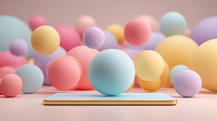Fototapeta premium Pastel spheres on a platform, soft colors and gentle light, 3D render&nbsp;