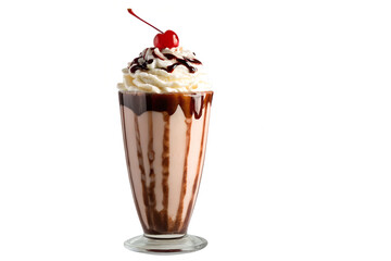 A chocolate milkshake with whipped cream and a cherry on top isolated on white background
