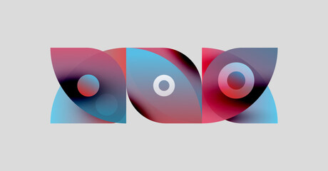 Abstract shapes overlap, creating vibrant color blends. Circles accent curves, forming modern design elements. Soft gradients dominate composition.