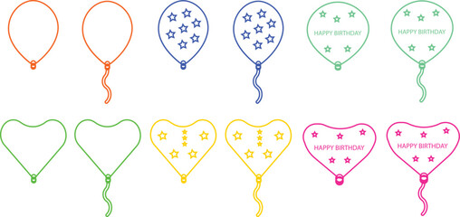 Birthday balloon vector icon set in color line style celebration party decoration collection, heart and round balloon group, happy birthday symbol pack with stars