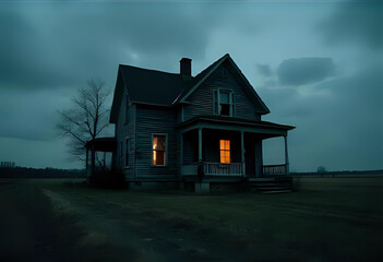 Obraz premium a lonely house surrounded by a foggy forest