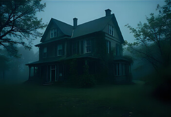 a lonely house surrounded by a foggy forest