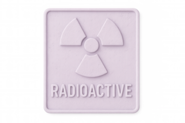 Radioactive warning symbol embossed on light purple square, highlighting nuclear hazard risk against transparent backdrop