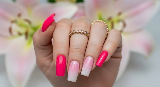 Hand with pink manicure and diamond rings on floral background