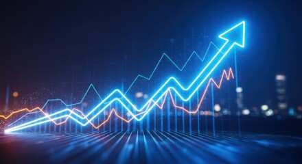 Vibrant neon blue arrow graph illuminates upward financial trend against a dark cityscape backdrop