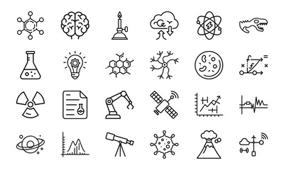 Science and Laboratory Line Icons Chemistry, Physics, Biology, Space, Robotics, Data, and Medical Vector Icon Set for Education, Research, and STEM Projects