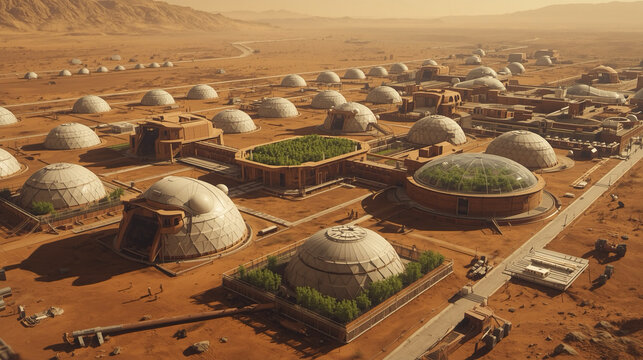 Futuristic Mars Colony with Dome Structures and Greenhouses Illustration