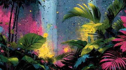 Lush and vibrant tropical jungle foliage with colorful splatter and abstract elements creating a surreal and immersive natural environment