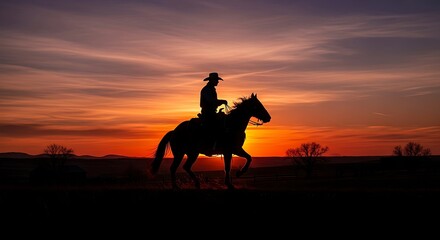 Silhouette of Cowboy Riding Horse at Sunset with Dramatic Sky A Majestic and Timeless Western Scene