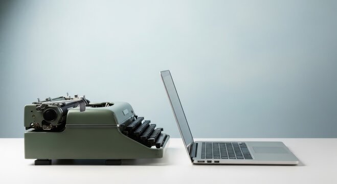 Vintage mechanical typewriter stands beside a modern laptop computer representing technological evolution