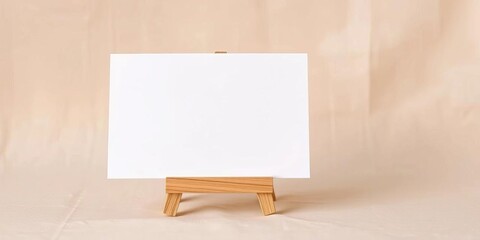 Blank paper card mockup on wooden stand, beige linen background Minimal aesthetic, flat lay,  social media,  elegant