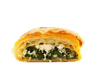 Golden Flaky Spanakopita Pastry Cut in Half with Spinach and Feta Cheese Filling.