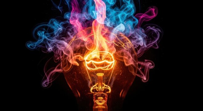Illuminated brain shape emerging from fiery light bulb with colorful wisps of smoke against a dark background