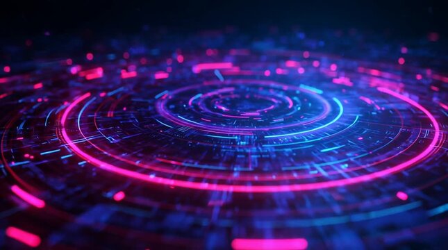 Electric blue and neon pink technology background with glowing circuit patterns and holographic circular grid