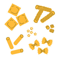 Different sorts of pasta in flat modern style. Farfalle, rigatoni, stellini, ditalini, cannelloni, raviolii. Traditional Italian home made food. Vector illustrations isolated on white.