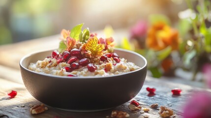oatmeal presentation with pomegranate seeds, nuts, and edible flowers, styled for food advertising with space for text, blurred luxury hotel breakfast setting