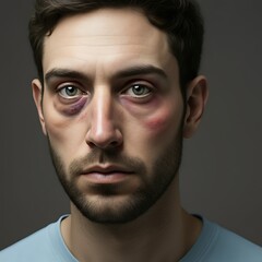 Obraz premium Portrait of a man with facial injuries and bruises depicting domestic violence and physical abuse themes closeup studio shot