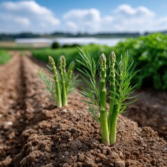 Fototapeta premium Closeup of Tender Green Asparagus Spears Growing in a Farm Field