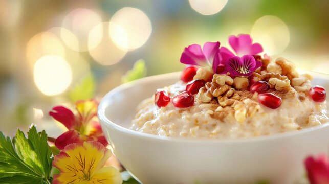 A gourmet oatmeal presentation with pomegranate seeds on blurred background