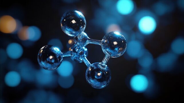 Close-up of a blue 3D molecular structure model with spherical atoms connected by cylindrical bonds on a blurred blue and black background - Powered by Adobe