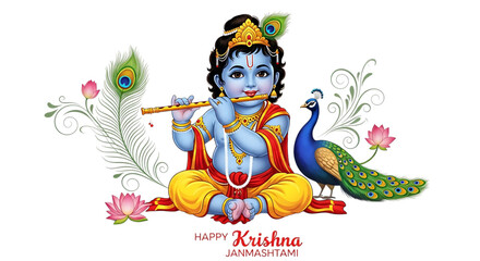 Naklejka premium Happy Janmashtami,Little Krishna with Flute & Peacock,Vector Art