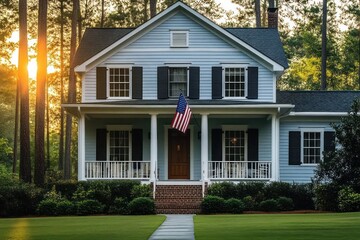 Obraz premium Two-story white house with black shutters and porch surrounded by green shrubs and tall pine trees at sunset with an American flag hanging by the front door