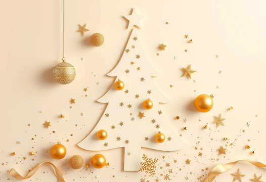Elegant beige Christmas tree cutout with gold baubles, stars, snowflakes, and shimmering confetti,  gold,  abstract - Powered by Adobe