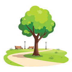 Stylized tree standing by winding path in serene park, nature tranquility
